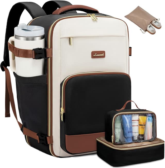 Detalle de LOVEVOOK Handgepäck Rucksack für 17,3 Zoll (40L) – 45x30x20 cm, wasserdichtes Reise- und Business-Backpack in Schwarz Beige Braun
