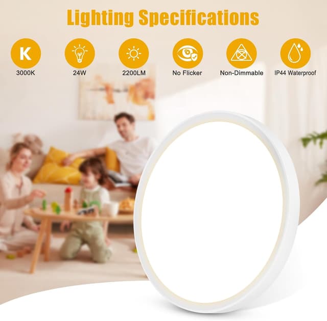 Detalle de Befurglor 24W LED Ceiling Light Ø 28.5cm (3000K Warm White, 2200lm) – IP44 flush mount for bathroom & kitchens