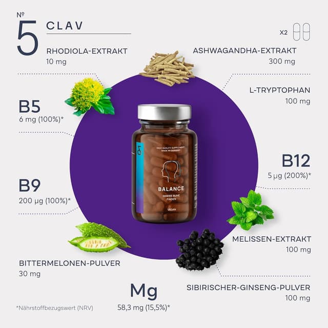 Detalle 2 de CLAV N°5 Balance – 60 Kapseln mit Ashwagandha, Rhodiola & Safran sowie Magnesium und B‑Vitamine (vegan)