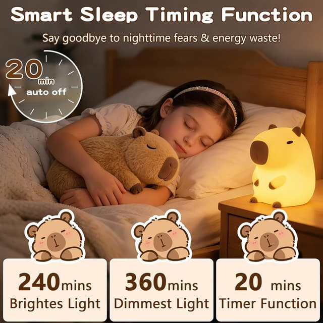 Detalle de FAMIDUO Capybara Night Light for Kids – rechargeable touch LED squishy lamp with 2 dimmable levels