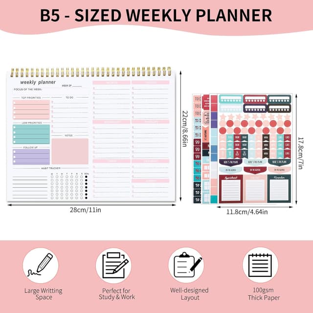 Detalle de Thboxes Weekly Planner To Do List Pad (Undated) – Pink B5 notepad with tear-off sheets and sticker sheets