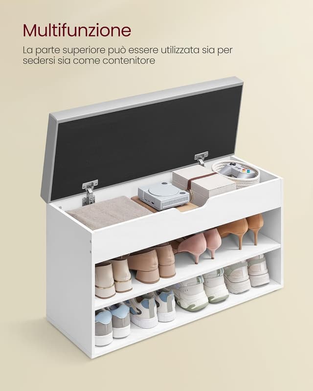 Detalle 2 de VASAGLE LHS022WB01 panca scarpiera con sedile imbottito e 3 scomparti, 30 x 80 x 44 cm (bianco nuvola e grigio tortora)
