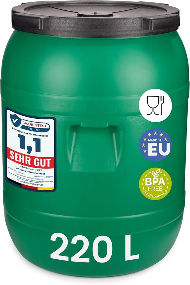Detalle de Garronda 220-Liter Deckelfass/Weithalsfass aus HDPE (GD-0078), grünes Regenfass für Garten, Futter- und Lebensmittelkontakt
