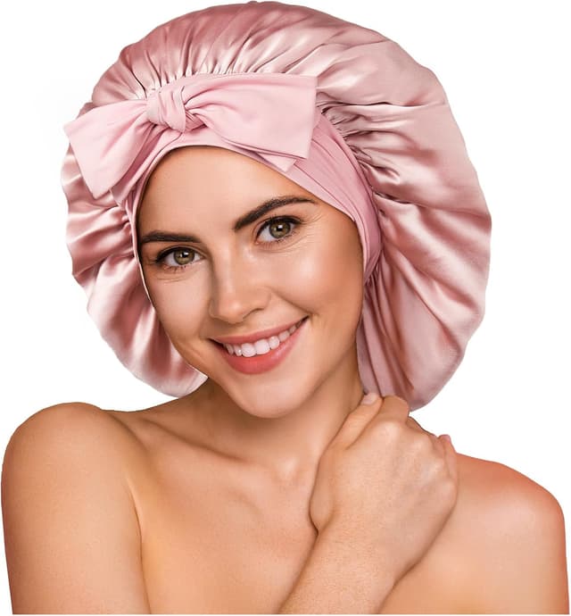 Detalle de Umisleep 22 Momme Mulberry Silk Bonnet (Double Layer) – Non-Slip Sleep Cap Turban with Elastic Tie