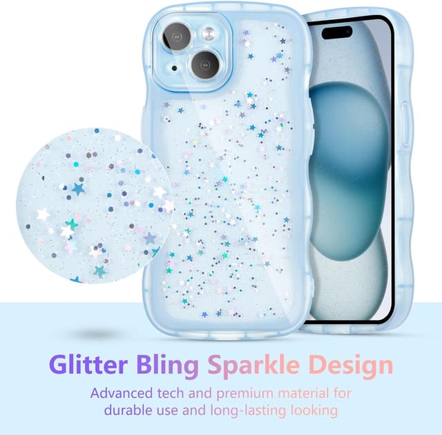 Detalle de ZTOFERA Handyhülle für iPhone 15 (6,1") – transparente TPU-Schutzhülle mit Wellenrahmen und Sternen-Design, blau