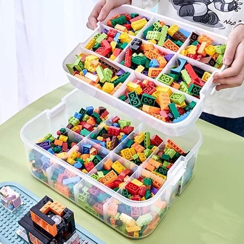 Detalle de DingGreat Dreifach-Aufbewahrungsbox für Lego-Steine (3 stapelbare Boxen) mit Deckel – transparente Kunststoff-Sortierkisten