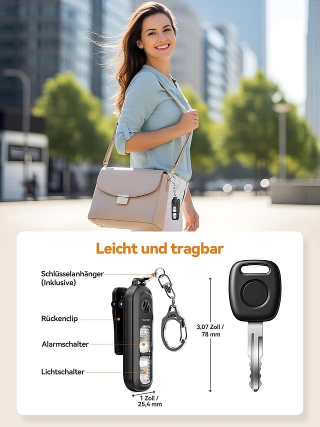 Thumbnail 6 de TECKNET Taschenalarm für Frauen mit 135 dB & Stroboskoplicht, wiederaufladbare Sirene (IPX4) – schwarz