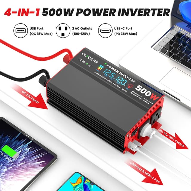 Thumbnail 1 de OLTEANP 500W Power Inverter (12V DC to 110/120V AC) with LCD, 2 AC Outlets, USB, and Type-C Port