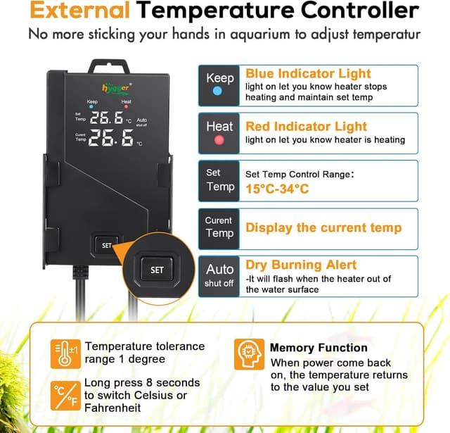 Detalle de hygger Aquarium Heizstab 500 W – digital einstellbarer Submersions-Heizer mit LED-Display für 250–343 l Freshwater