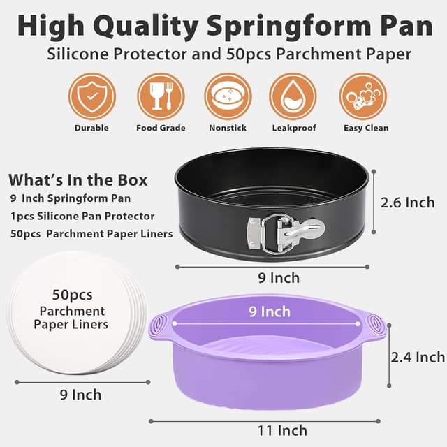 Detalle de 9-Inch Nonstick Springform Cheesecake Pan Set with Silicone Protector and 50 Parchment Liners