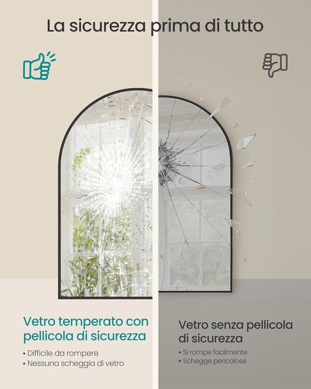 Detalle de Specchio da parete ad arco SONGMICS LWM015BD01 in vetro temperato, 81 x 61 cm, cornice in alluminio nero