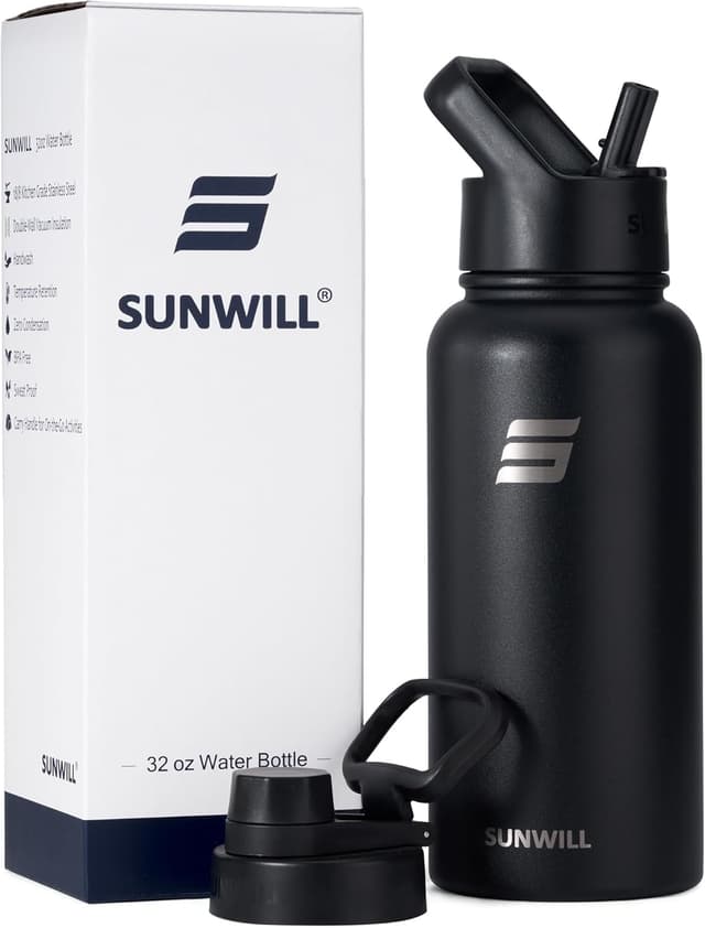 Detalle de SUNWILL 1L insulated stainless steel water bottle with straw, two lids and leakproof design (black)