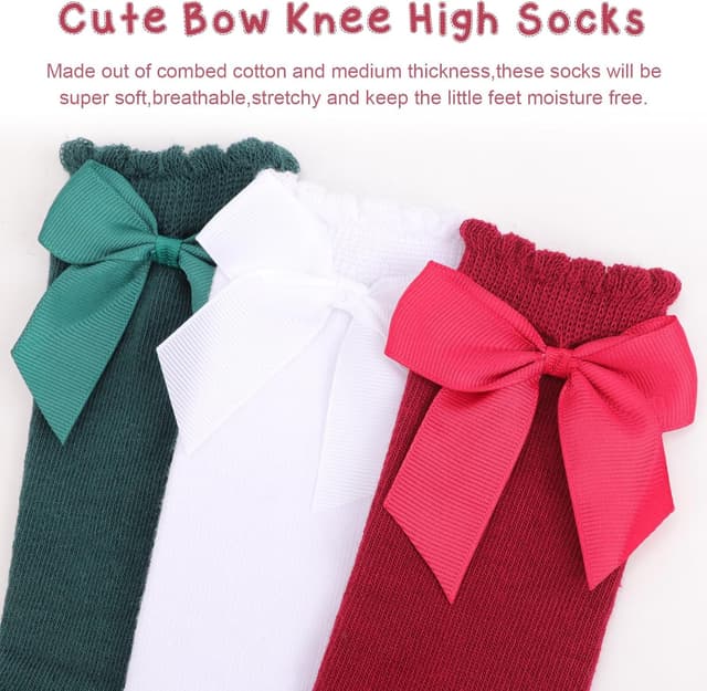 Thumbnail 6 de DRESHOW – Lot de 3 paires de chaussettes hautes en coton pour bébé fille, hauteur genou avec nœud