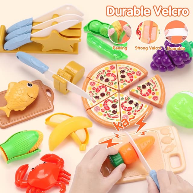 Detalle de 74PCS Pretend Play Food Set for Kids with Cutting Kitchen Toys and Foldable Basket (Age 3+)