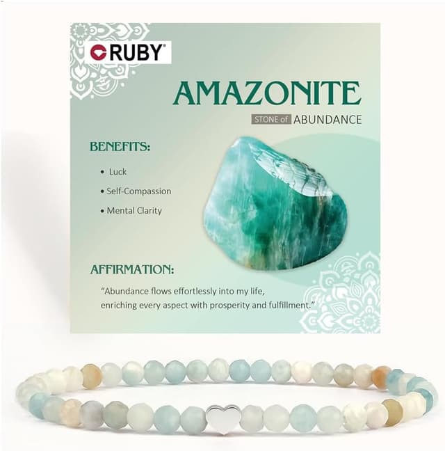 Detalle de RUBY Edelstein-Perlenarmband für Frauen mit 4-mm-Perlen und 18K vergoldetem Edelstahlherz (elastisch, im Geschenkbox-Set)