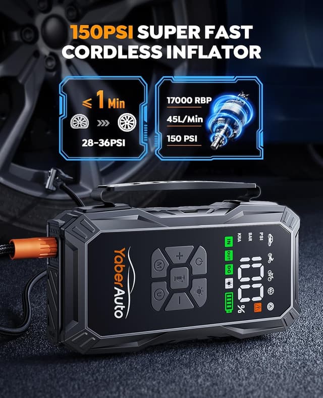 Detalle de YaberAuto Jump Starter Power Pack 6000A (23800mAh) with Air Compressor 160PSI and LED Light