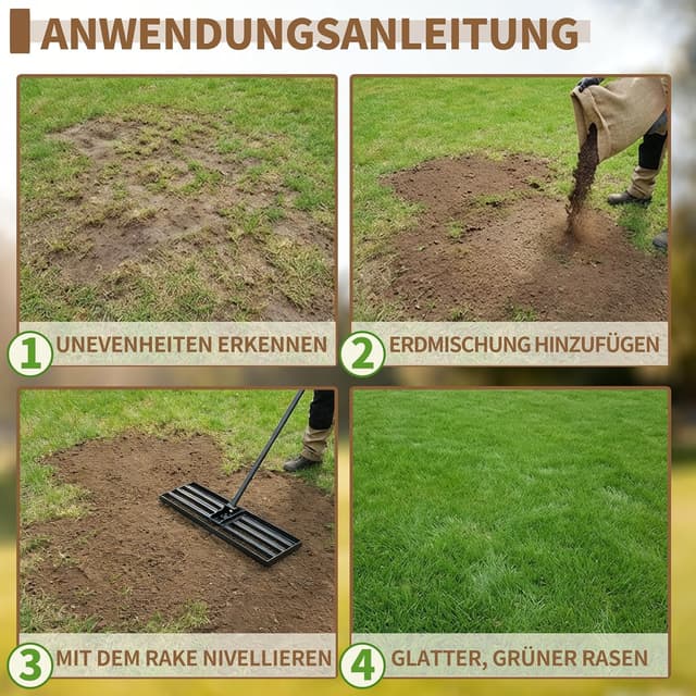 Detalle 2 de LYFETC Rasen Rakel 75x25 cm – schwerer Rasen-Nivellierrechen mit ergonomischem gebogenem Griff