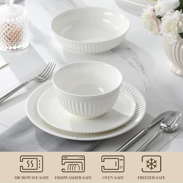 Detalle 2 de MALACASA Geschirrset für 6 Personen (24-tlg) aus Porzellan – Serie LEILA in Weiß