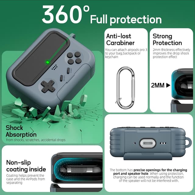 Detalle de Inesore AirPods Pro 3 Case Cover (2025) with Cleaner Kit and Safety Lock – Classic Game Console Design, Black