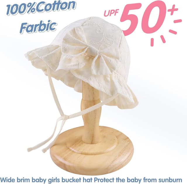 Detalle 2 de XIAOHAWANG baby girl sun hat with embroidered flowers – cotton toddler bucket hat with chin strap