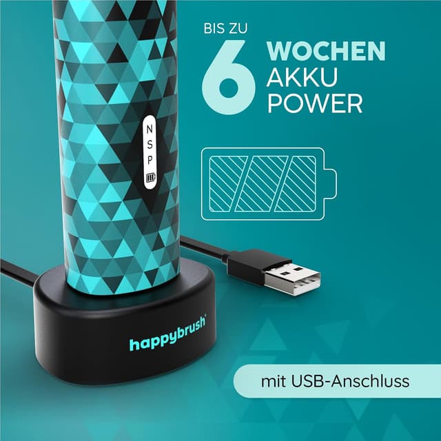 Detalle de happybrush® Schallzahnbürste Eco Vibe 3 (Black/Mint) – Ultraschall-Elektrozahnbürste mit 8‑Wochen-Akku & 2 Jahre Garantie