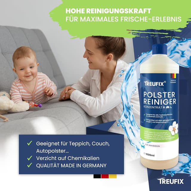 Detalle de Treufix Polsterreiniger Konzentrat für Sofa, Couch & Matratzen (1L) – für Waschsauger, Nasssauger & Handreinigung