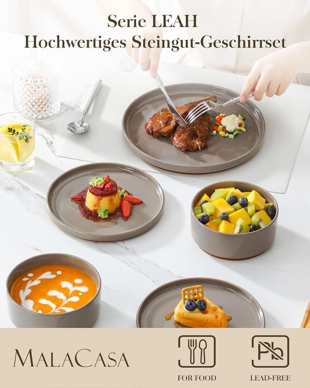 Detalle 2 de MALACASA Steingut Geschirrset für 6 Personen (18-teilig) mit Sesam-Glasur – dunkelbraun, stapelbar