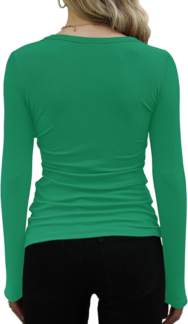 Detalle de DUOEASE Damen Langarmshirt mit Rundhalsausschnitt – elastisches Ripp-Strick Basic für Alltag, Gym & Yoga