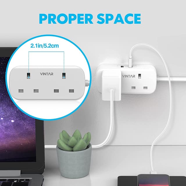 Detalle de VINTAR Double Plug Adaptor with 2 USB, 13A Power Socket 🔌