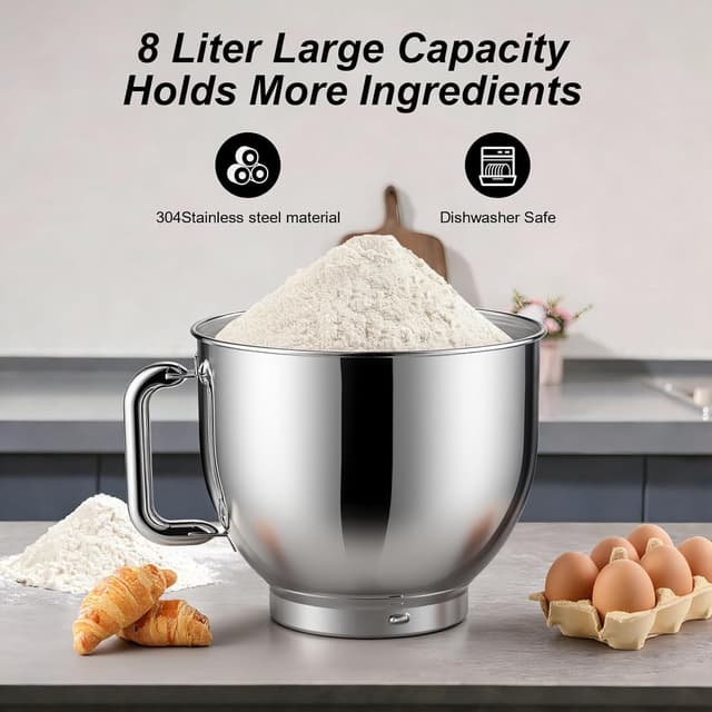 Detalle de CHeflee Robot pâtissier 2000 W 8 L avec 6 vitesses et accessoires (bol inox, fouet, batteur, crochet)