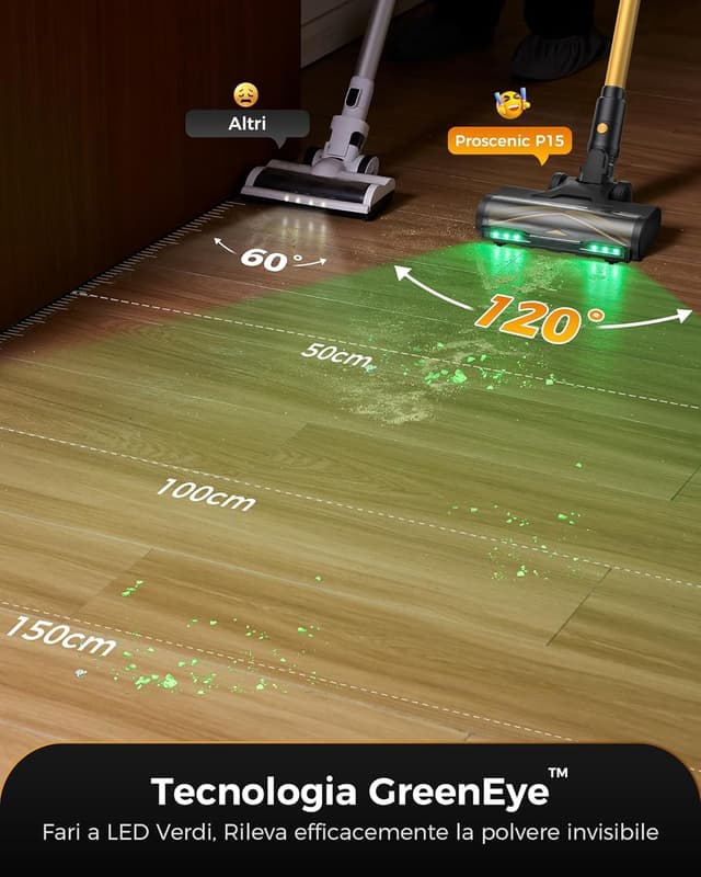 Detalle de Proscenic P15+ aspirapolvere senza fili: scopa elettrica 55 kPa, 70 min e GreenEye per pavimenti e tappeti