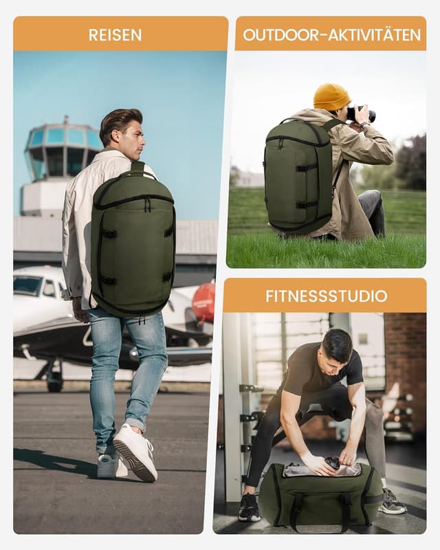 Detalle de LOVEVOOK Reisetasche Sporttasche Rucksack (56L) mit Schuhfach & Nassfach – Dunkelgrün