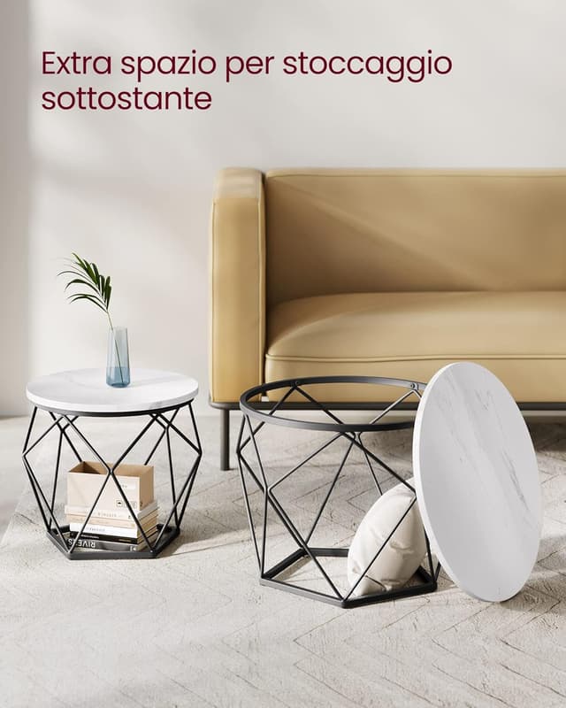 Thumbnail 6 de VASAGLE set di 2 tavolini da caffè rotondi con incastro LET040B59, piano rimovibile, bianco e nero