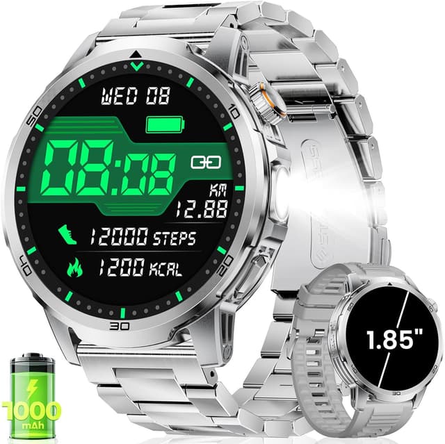 Detalle de LIGE Montre connectée homme 1,85" HD (1000 mAh) avec lampe LED, 100+ sports et suivi fréquence cardiaque/sommeil