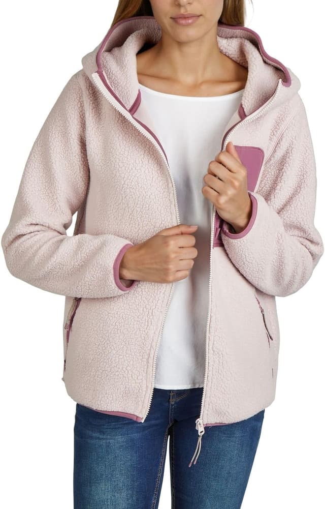 Detalle de DENIMFY Fleecejacke Damen Regular Fit DFLea Teddyfleece mit Kapuze – warme Sherpa-Übergangsjacke in Navy, Beige, Grün & mehr