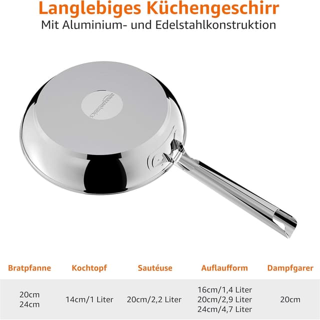 Detalle 2 de Amazon Basics 11-teiliges Topf- und Pfannenset aus Edelstahl mit Keramik-Antihaftbeschichtung (Induktion)