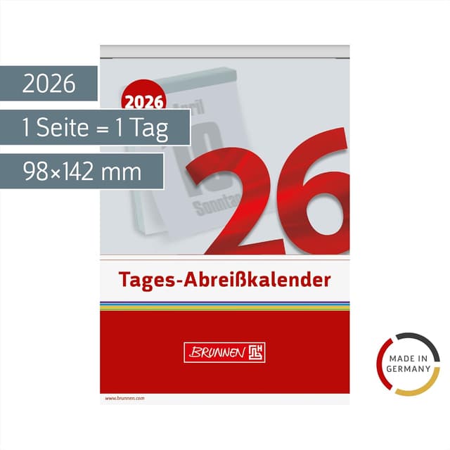 Detalle de BRUNNEN Abreißkalender ’26 Nr. 13, 98×142 mm – Tagesübersicht für Büro & Zuhause