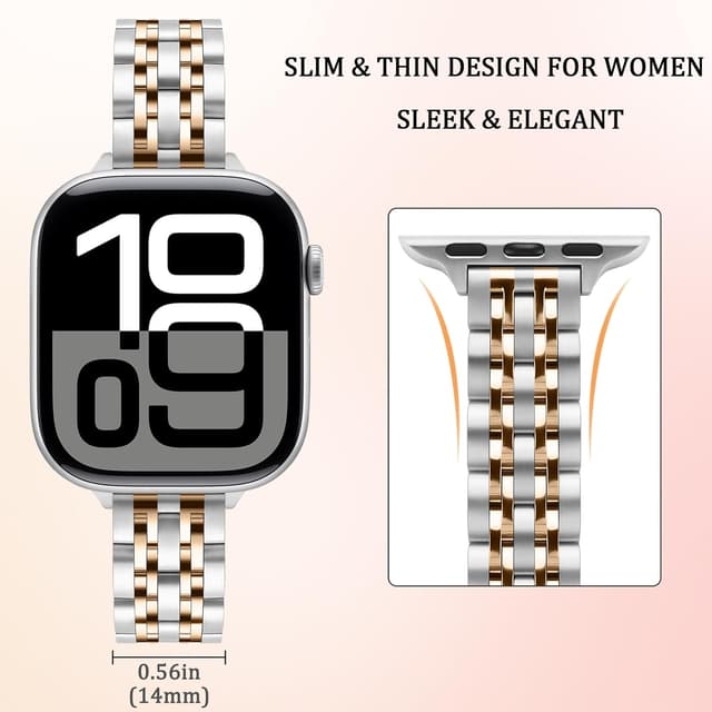 Detalle de Anlinser slim metal strap for Apple Watch (49/46/45/44/42/41/40/38mm) – Silver Rose Gold