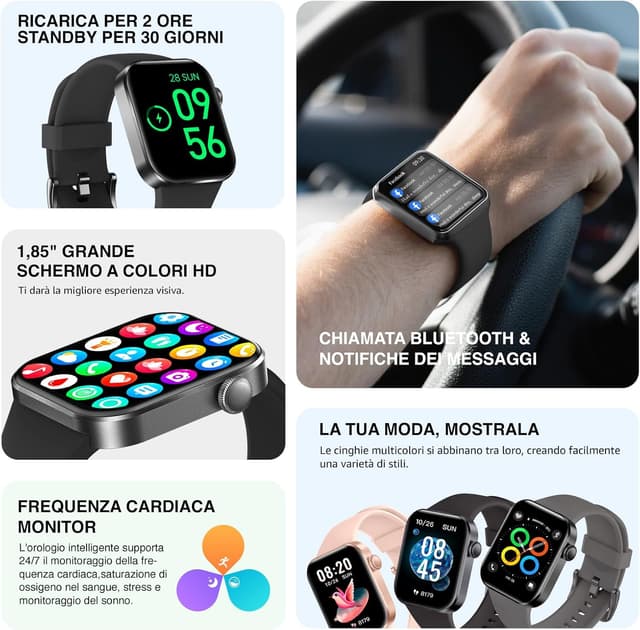 Detalle de Smartwatch Uomo Donna con schermo 1,85”, chiamate Bluetooth e IP68 (P2) — 140 modalità sportive, contapassi e SpO2