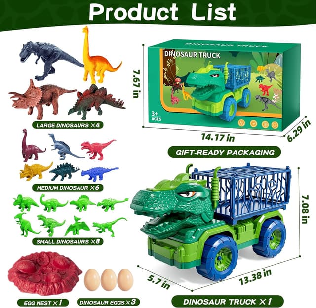 Detalle de Guminnara 22 in 1 Toddler T-rex Dinosaur Truck Toy Set (Ages 3–7) with 18 Dino Figures