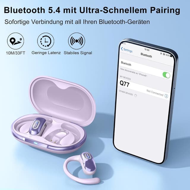 Detalle de Open Ear Kopfhörer Bluetooth 5.4 mit Ohrhaken, 4 ENC-Mikrofonen und IPX7 (lila)
