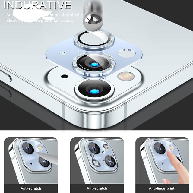 Detalle 2 de LanQii Kameraschutzfolie für iPhone 15 / iPhone 15 Plus – 9H Glas & Aluminiumlegierung, Linsenschutz (Blau)