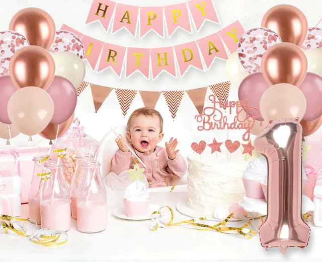 Detalle de 1. Geburtstag Deko-Set Roségold (Zahl 1 Luftballon) von VUCDXOP – Party-Deko für Mädchen zum 1. Jahr