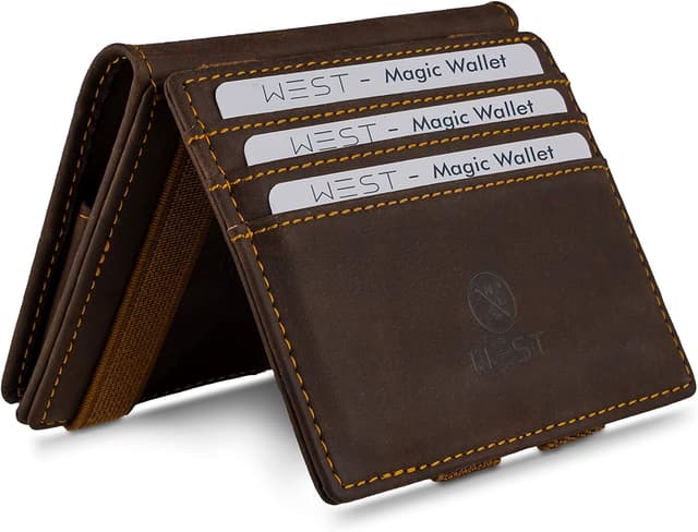 Detalle de WEST Magic Wallet (Klassiker) mit großem Münzfach – RFID Datenschutz Geldbeutel inkl. Geschenkbox in Braun/Orange