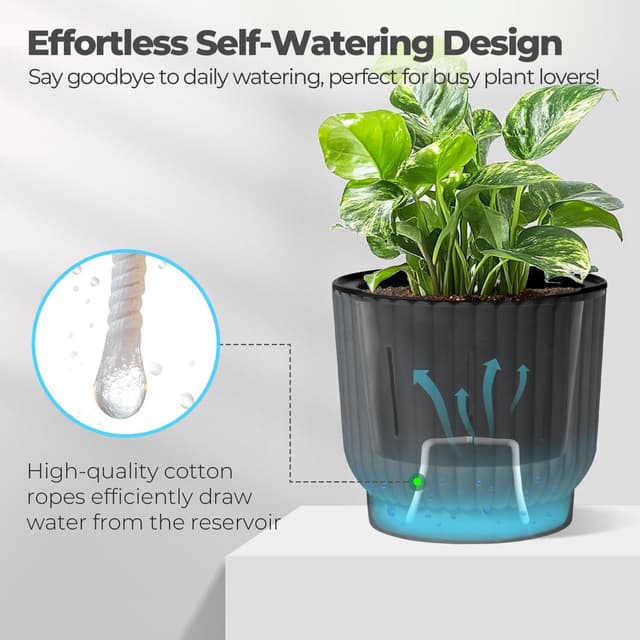 Detalle de T4U 10cm Self-Watering Plant Pots Indoor (6 Pack) – Grey Plastic Indoor Flower Pots