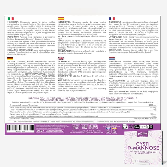Detalle de PiùLife D-Mannose Cystite Femme 2000 mg avec canneberge et probiotiques – 45 comprimés