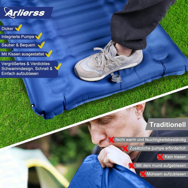 Detalle 2 de Arlierss Isomatte Luftmatratze für Camping & Wandern, 12 cm Dicke mit Fußpumpe und Kissen