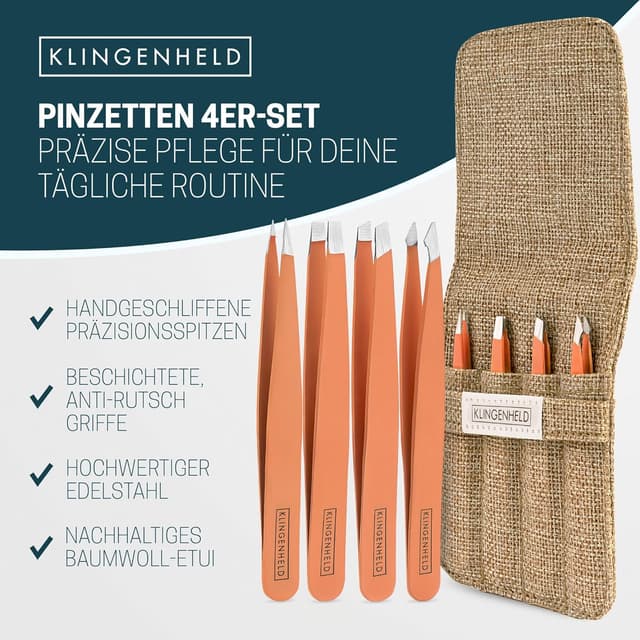 Detalle de KLINGENHELD® Präzises Pinzetten-Set mit handgeschliffenen Spitzen – für Augenbrauen, 4 Köpfe & Baumwoll-Etui, 21 Farben