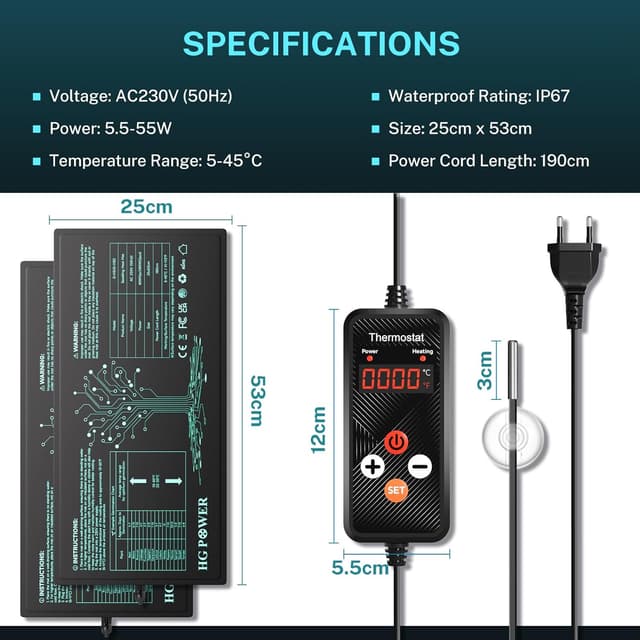 Detalle 2 de HG Power Tapis chauffant avec thermostat 110W – lot de 2 (53 x 25 cm) avec contrôleur