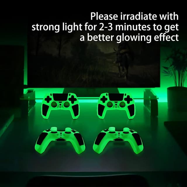Thumbnail 6 de HLRAO Glow in the Dark PS5 controller skin with thumb grips (green) – anti-slip silicone cover kit